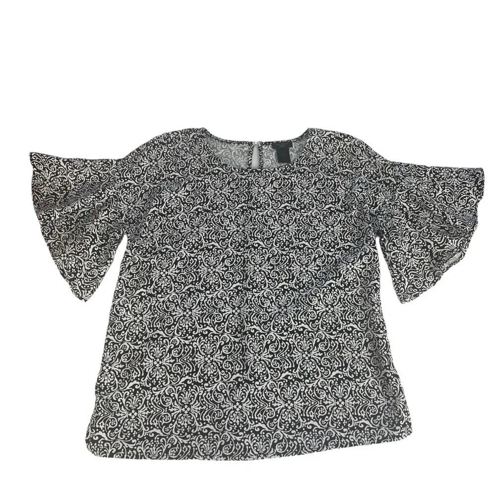 Ann Taylor Short Bell Sleeve Blouse Black White Paisley Scroll Size Small petite - Picture 6 of 11